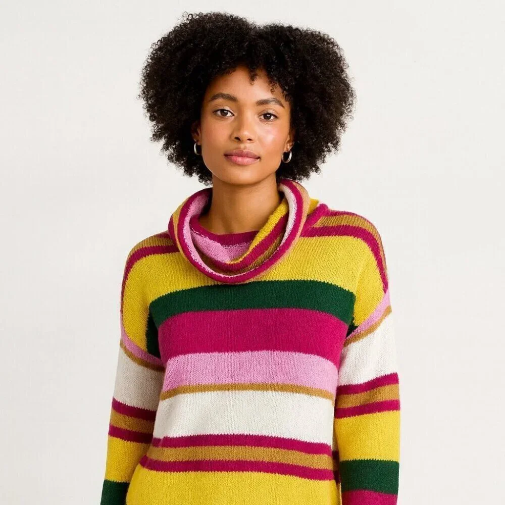 Eighty2 by Figaro Multicolor Rainbow Striped Wool Blend Cowl Neck Sweater Size S